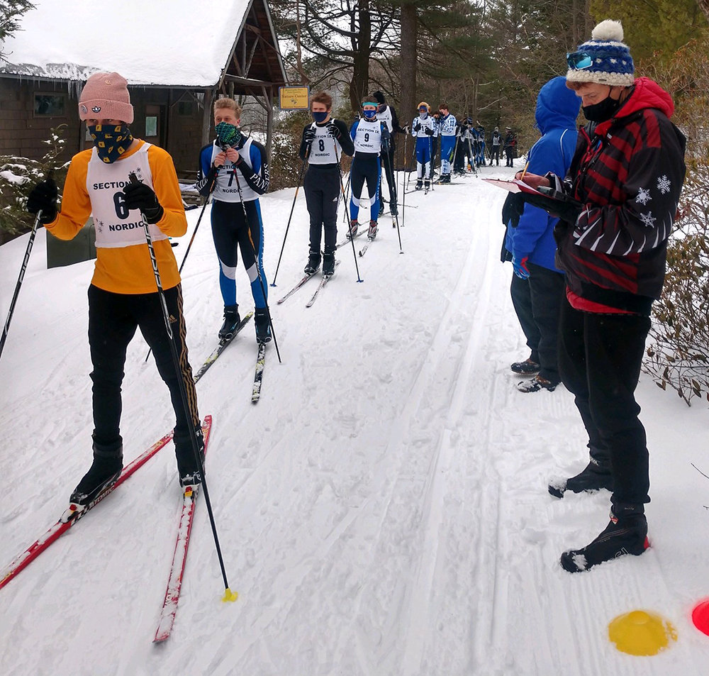 The skiers line up prior to the start of the boys’ sectional race on Feb. 23 at Minnewaska State Park.